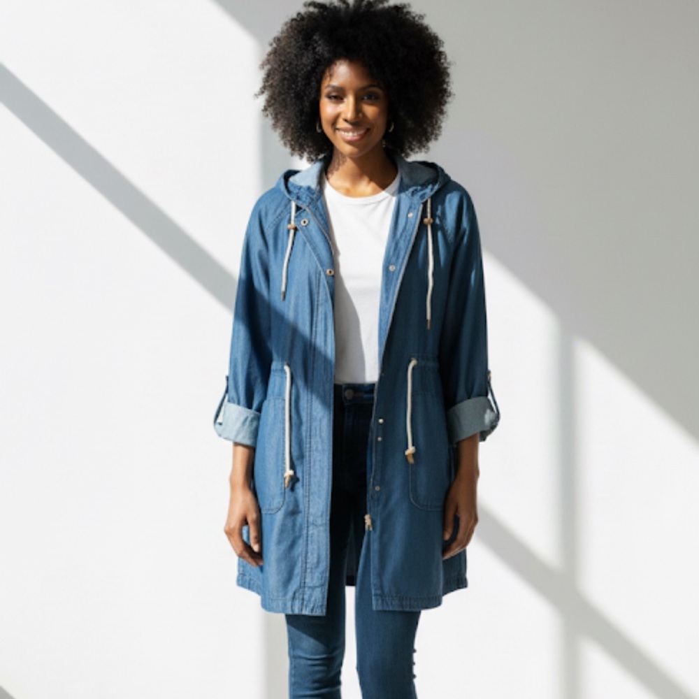 ISSAC MIZRAHI MIDI JACKET BLUE DENIM LOKE OVERSIZE HOOD ADJUSTABLE SLEEVE MEDIUM